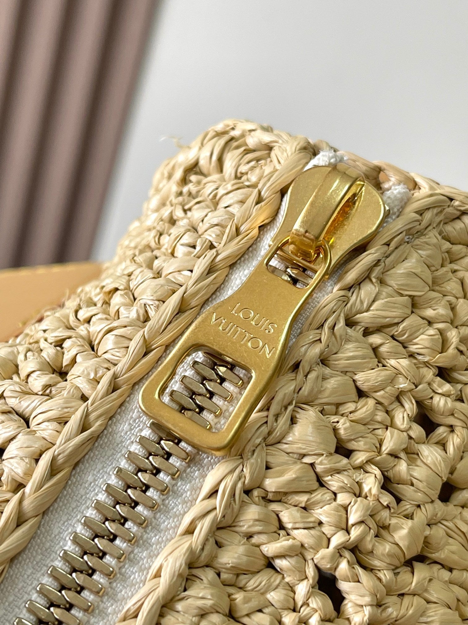 KEEPALL BANDOULIÈRE 25 CM BEIGE RAPHIA CUIR DE VEAU BRUN