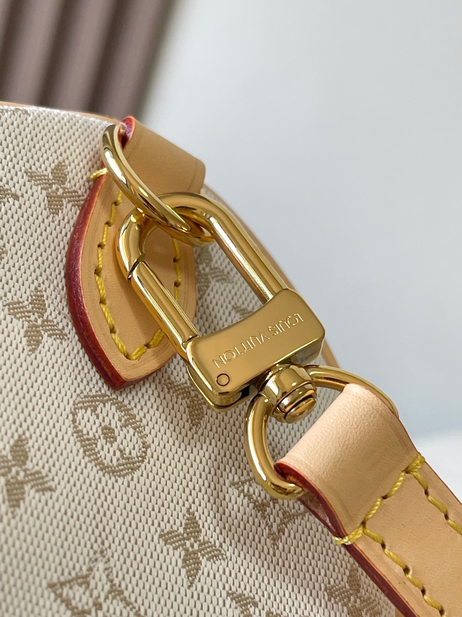 SAC BANDOULIÈRE SPEEDY 20 EN JACQUARD MONOGRAMME BLANC ET GARNITURES EN CUIR DE VEAU BEIGE