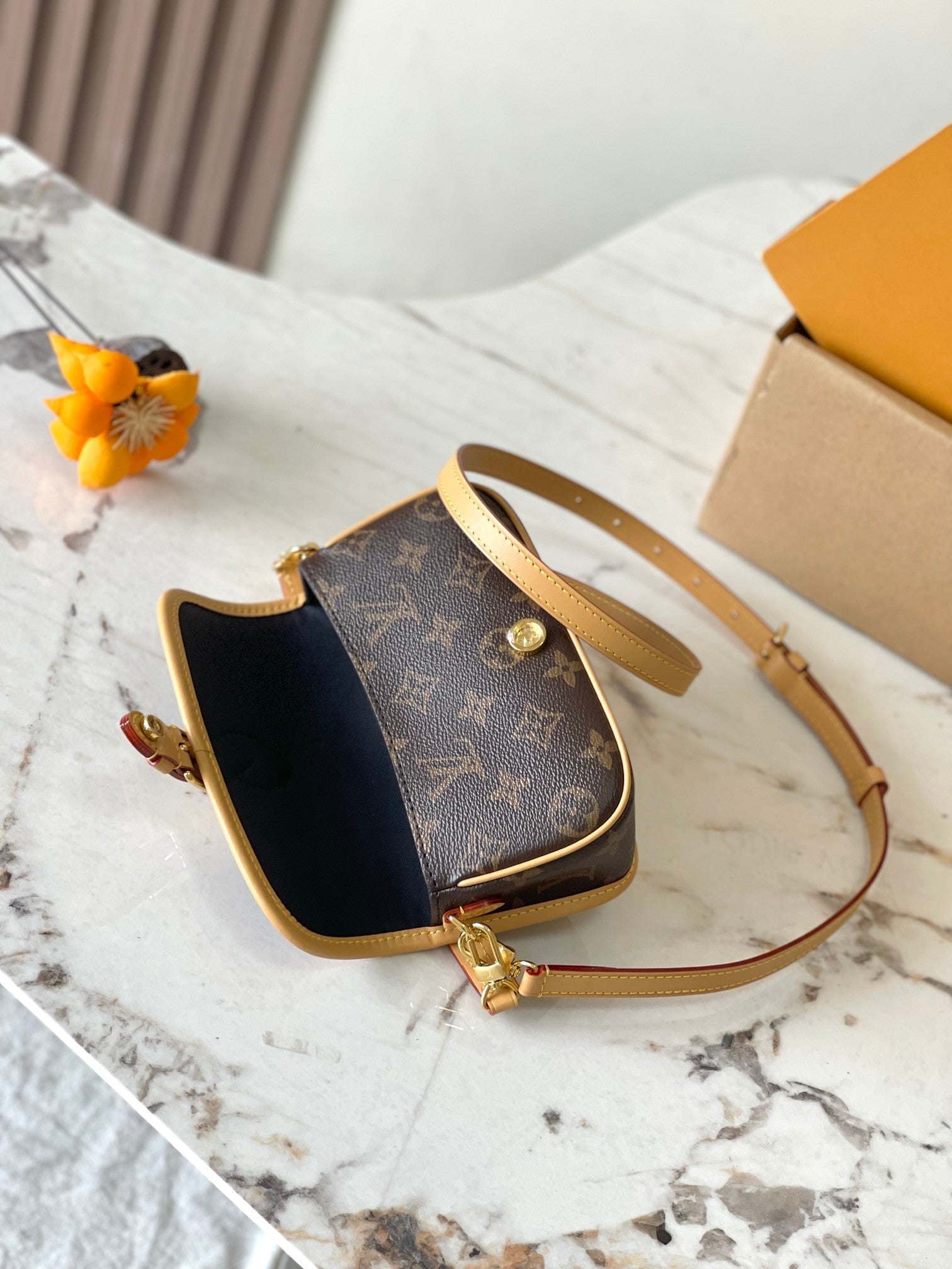 SAC NANO DIANE 19 EN TOILE MONOGRAMME MARRON ET GARNITURES EN CUIR