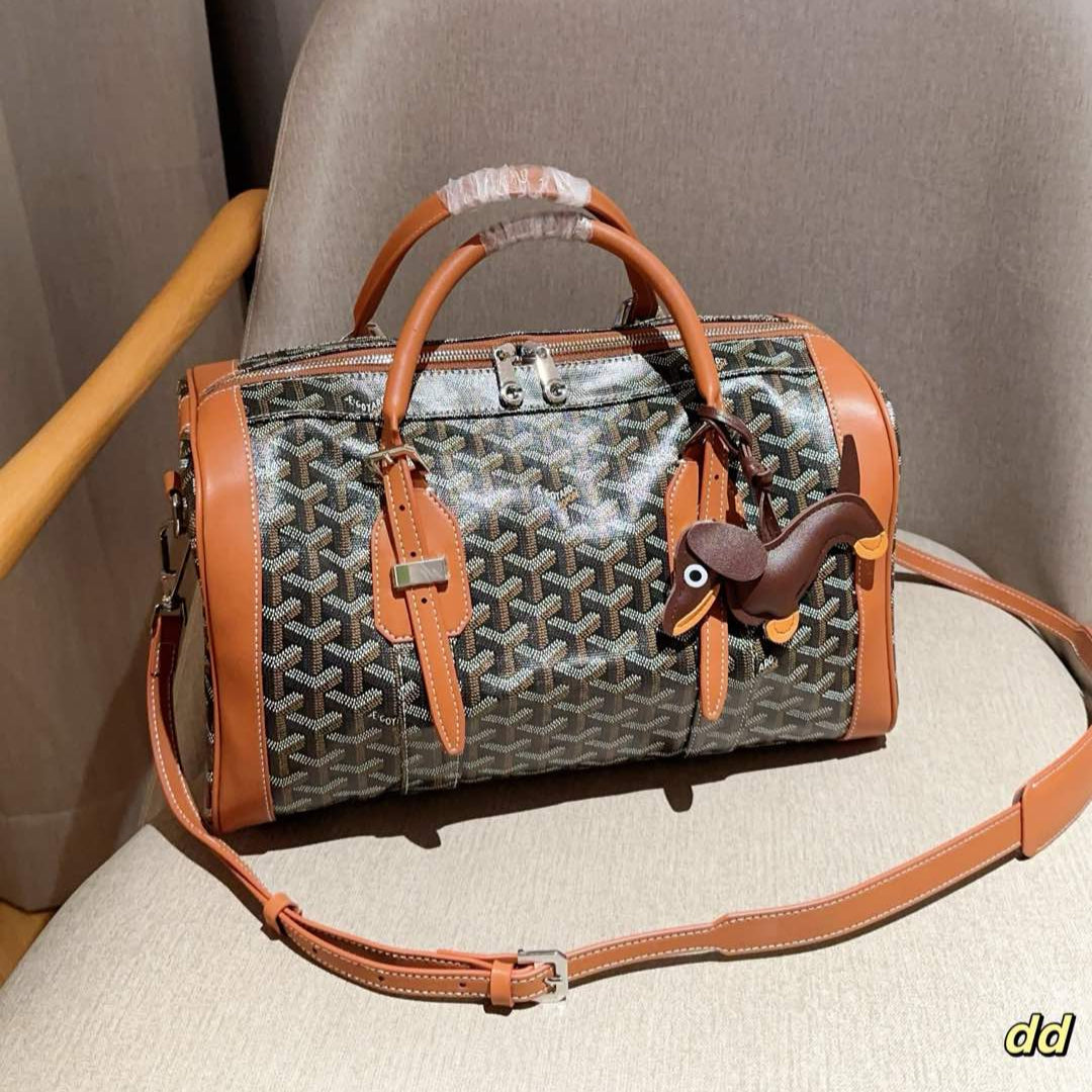 SAC HARDY PM BAG 35 EN TOILE GOYARDINE MARRON ET CUIR DE VEAU BRUN