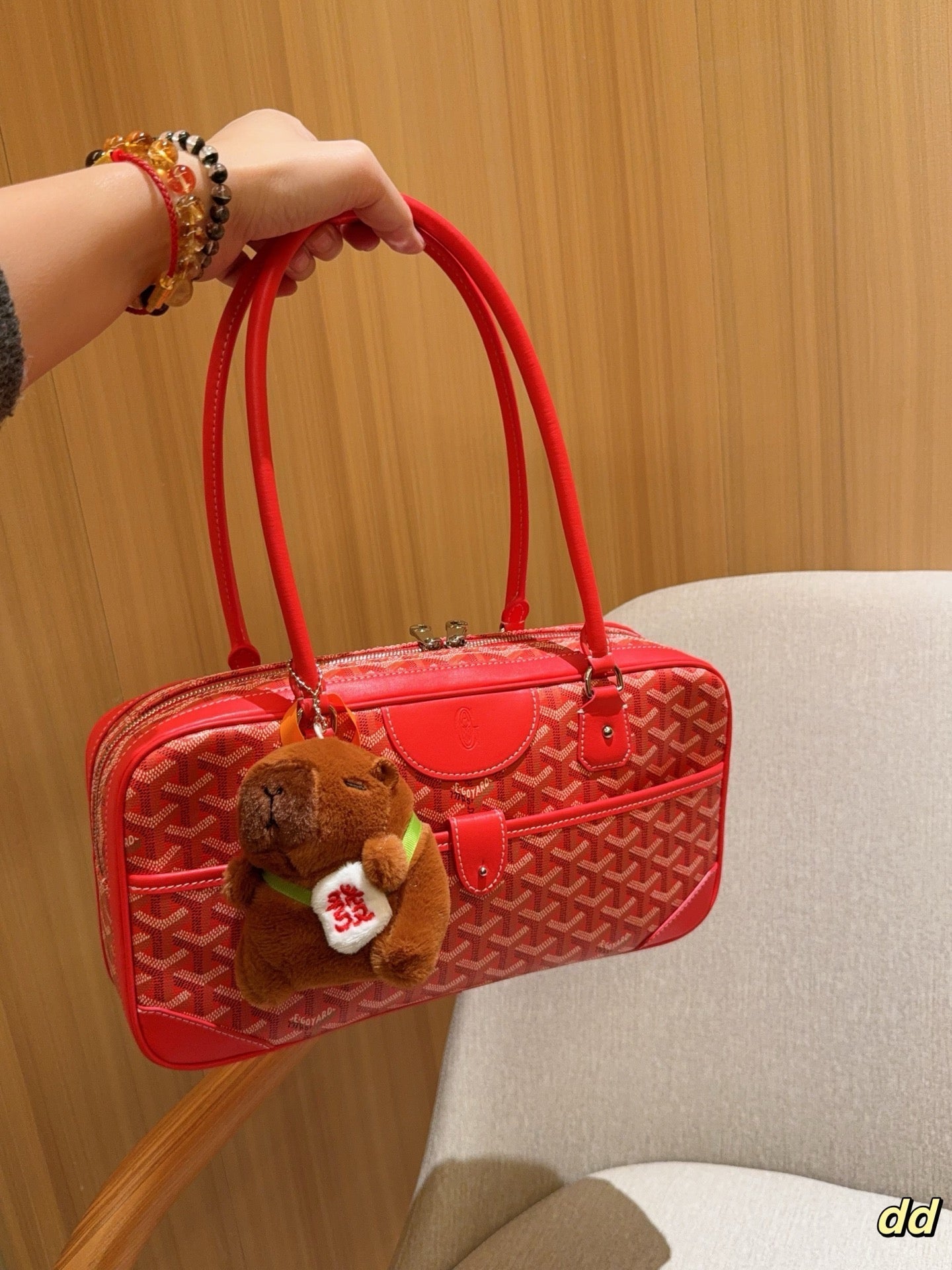 SAC SAINT MARTIN 35 EN TOILE GOYARDINE ROUGE CADMIUM ET CUIR DE VEAU