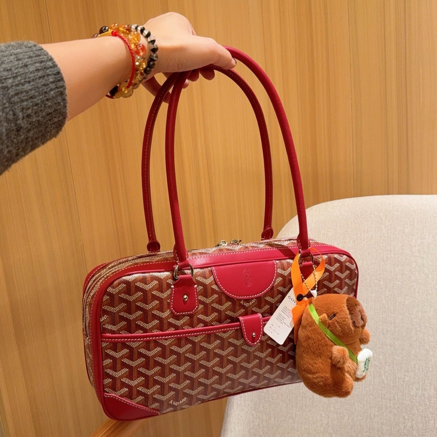 SAC SAINT MARTIN 35 EN TOILE GOYARDINE ROUGE CADMIUM ET CUIR DE VEAU