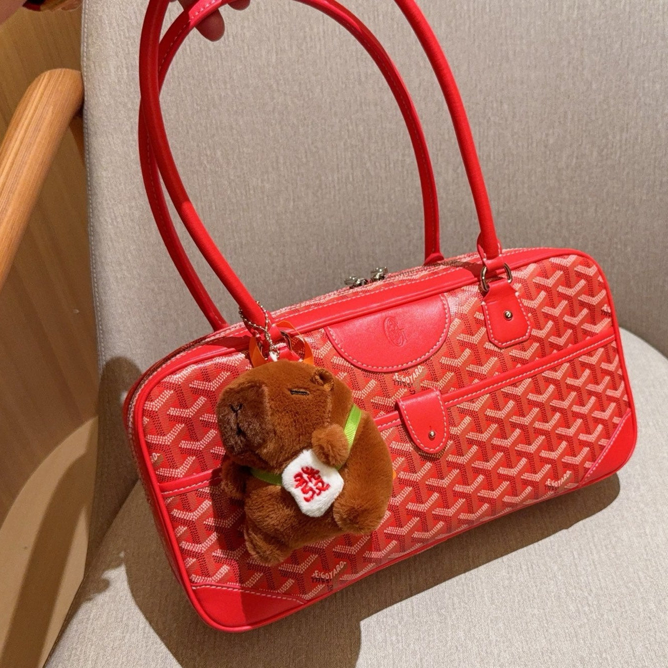 SAC SAINT MARTIN 35 EN TOILE GOYARDINE ROUGE CADMIUM ET CUIR DE VEAU