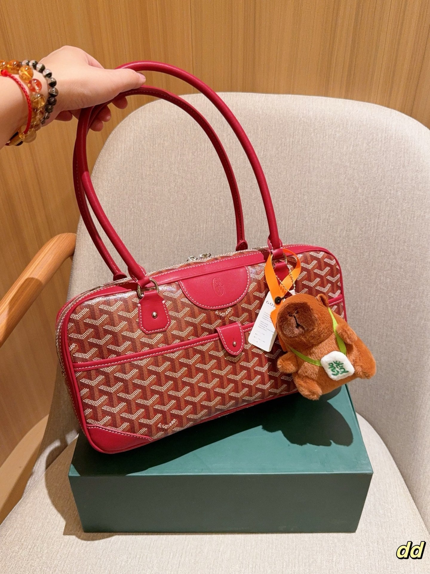 SAC SAINT MARTIN 35 EN TOILE GOYARDINE ROUGE CADMIUM ET CUIR DE VEAU