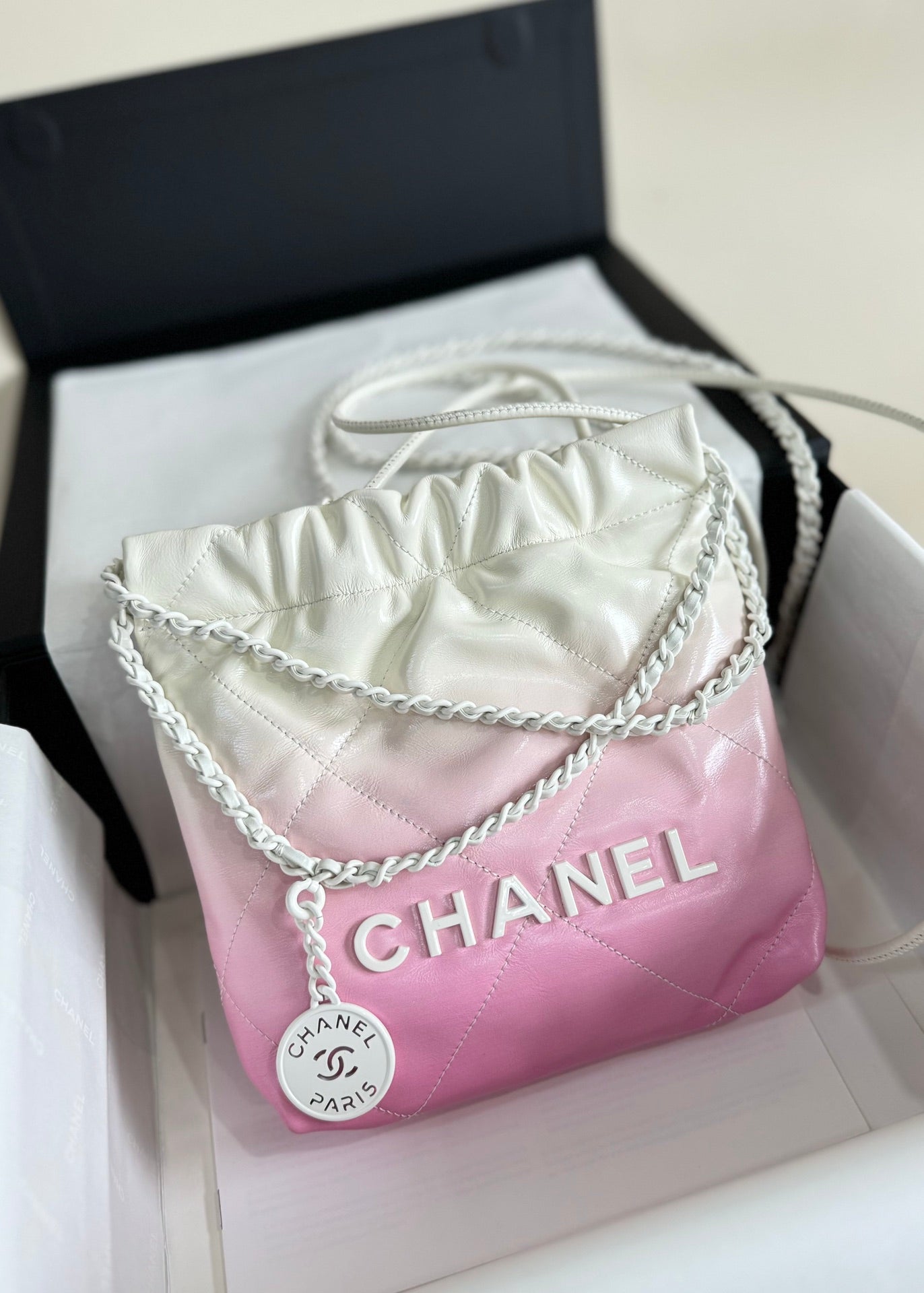 CC HOBO MINI 20CM ROSE BLANC CUIR D'AGNEAU