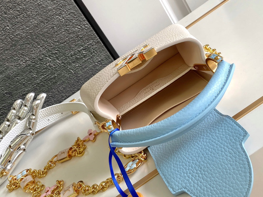 CAPUCINES NANO 16 EN BLANC PERLE MÉLANGÉ BLEU CIEL TAURILLON QUINCAILLERIE OR