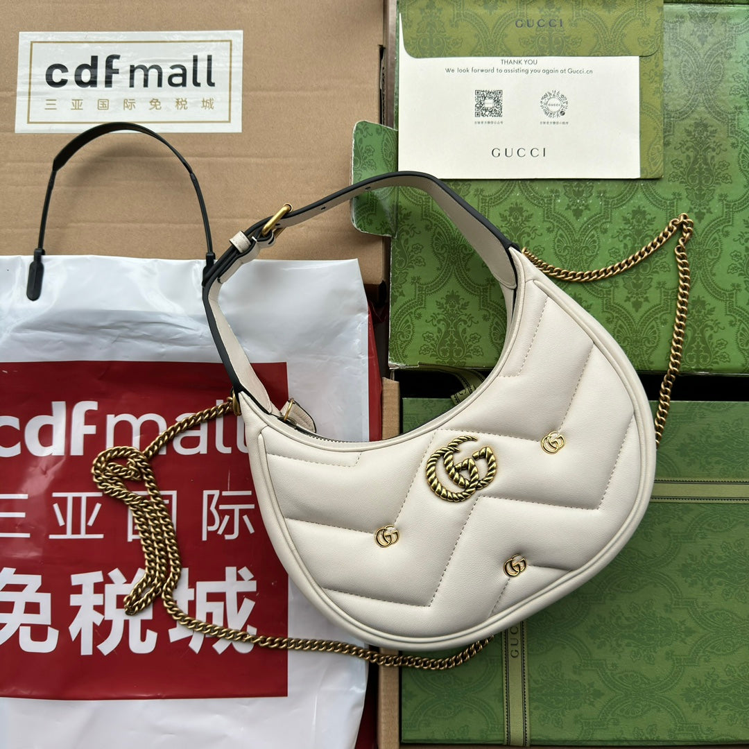 GG MARMONT DEMI-LUNE 21 CM EN CUIR DE VEAU BLANC QUINCAILLERIE DORÉ