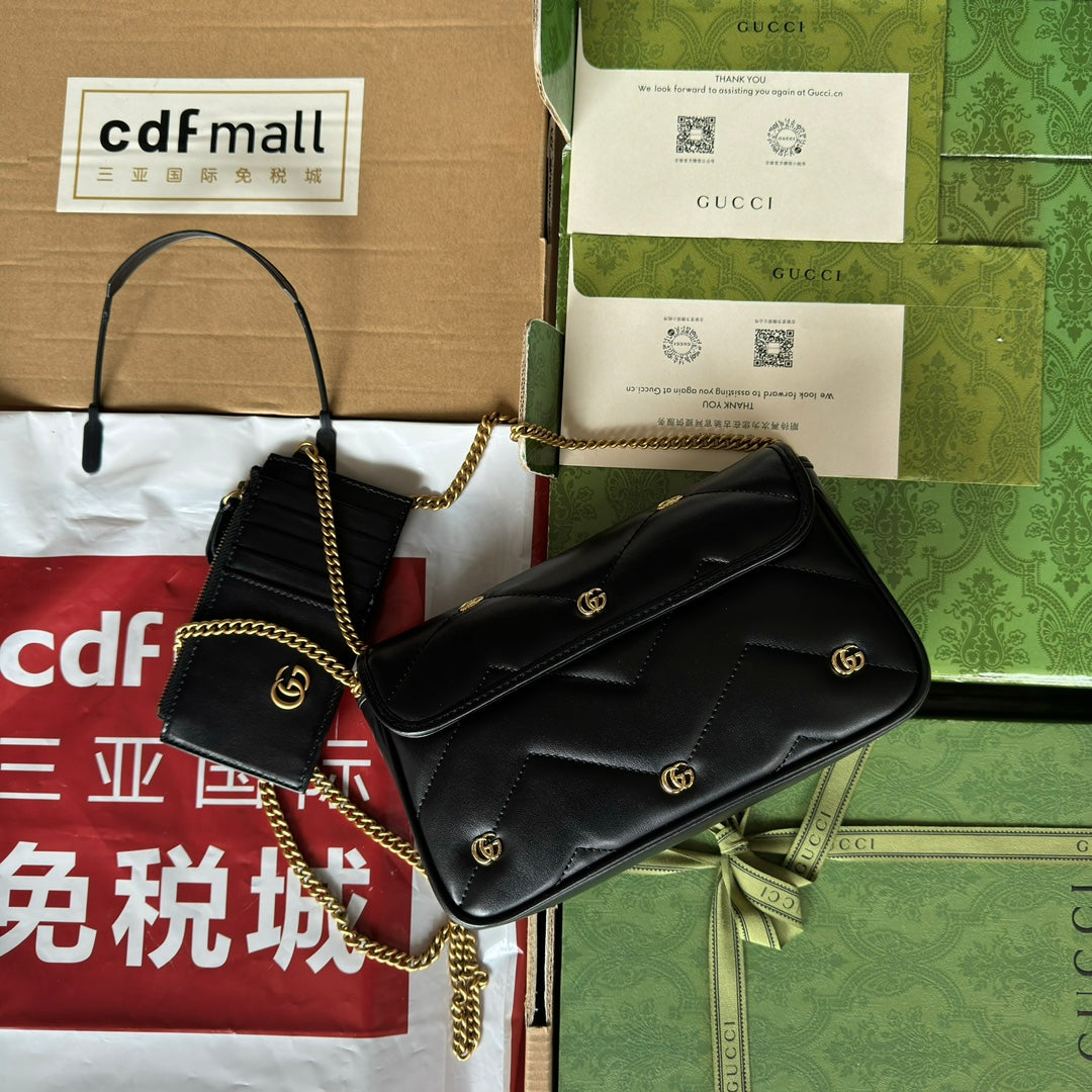 GG MARMONT 21CM EN CUIR DE VEAU NOIR DOUBLE G CLOUS QUINCAILLERIE DORÉ