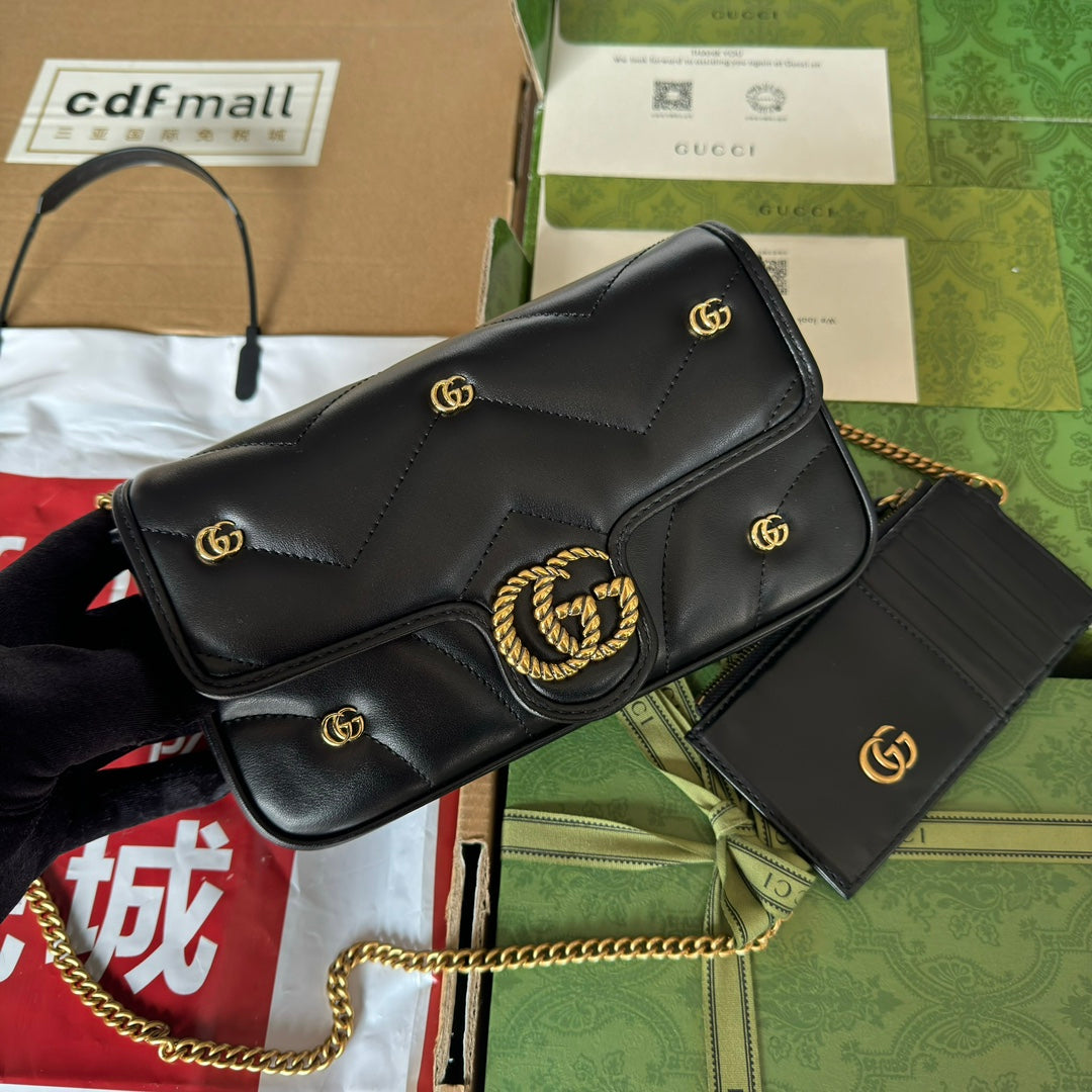 GG MARMONT 21CM EN CUIR DE VEAU NOIR DOUBLE G CLOUS QUINCAILLERIE DORÉ