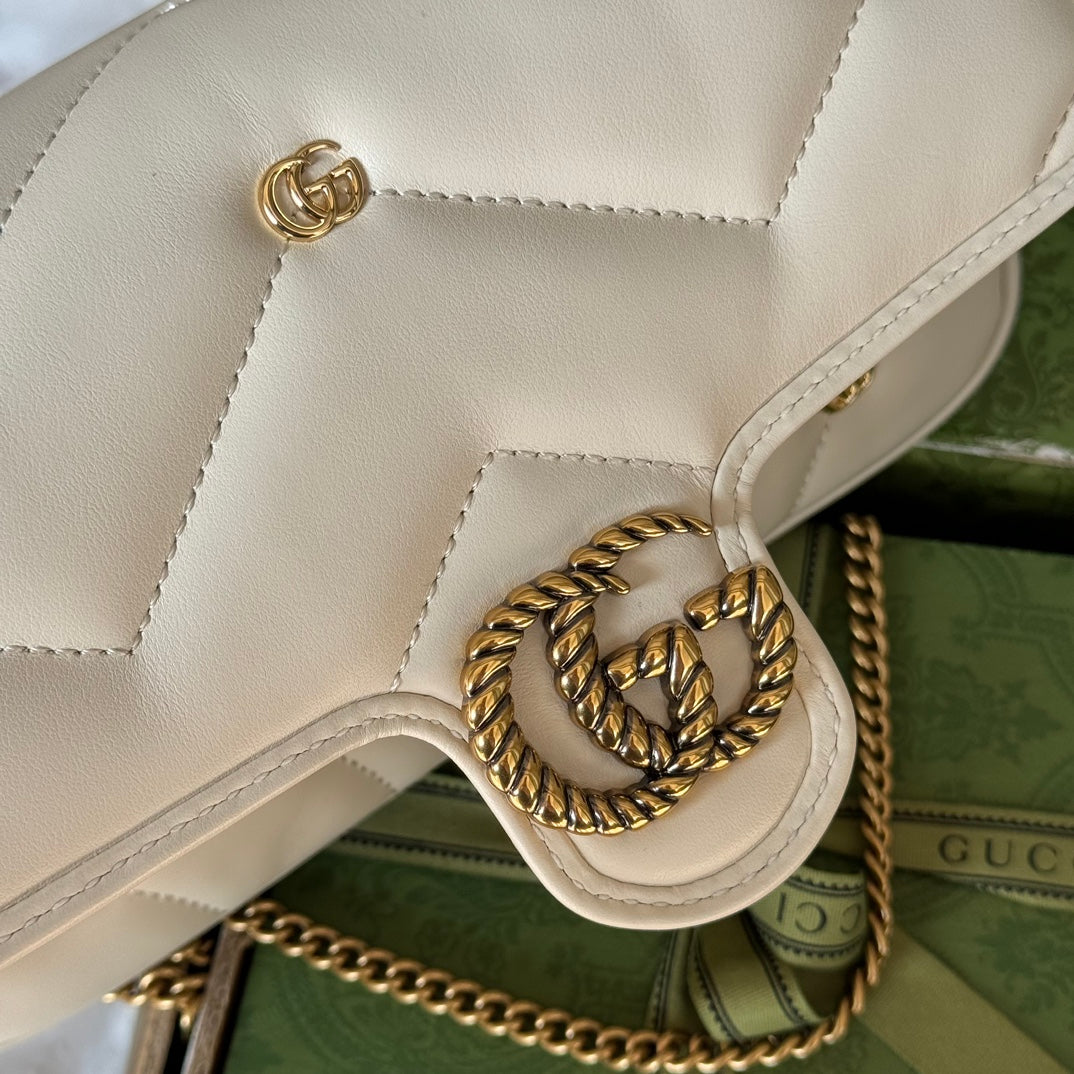 GG MARMONT 21CM EN CUIR DE VEAU BLANC DOUBLE G CLOUS QUINCAILLERIE DORÉ