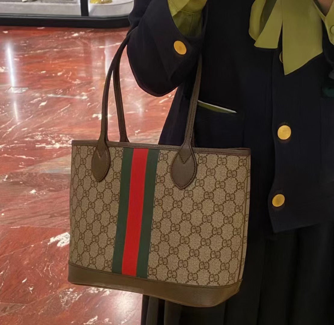SAC CABAS GG OPHIDIA PETIT 25 EN TOILE BEIGE ET ÉBÈNE