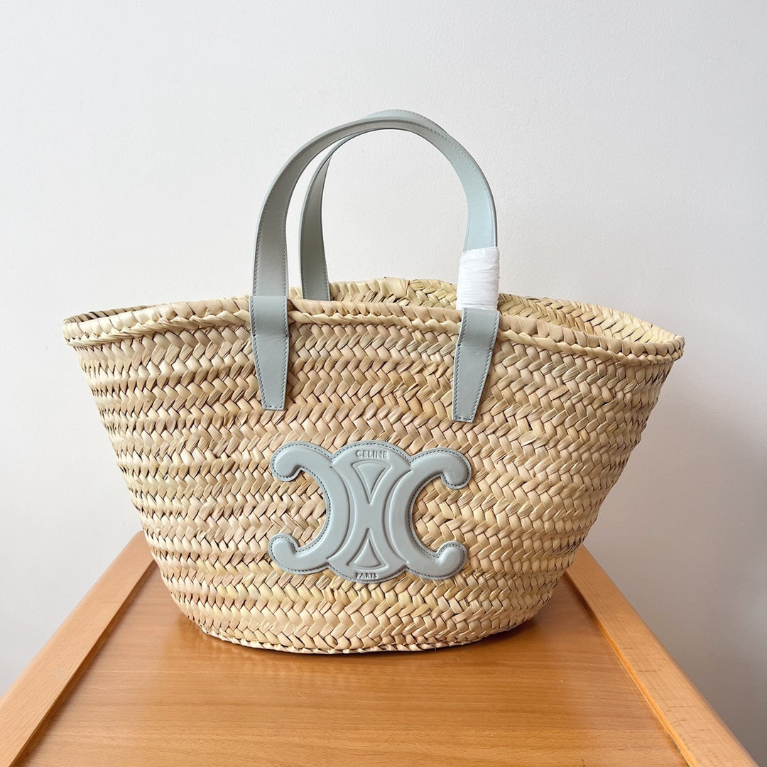 TEEN SUPPLE CLASSIC PANIER 21CM RAFFIA CLOUD BLUE CALFSKIN