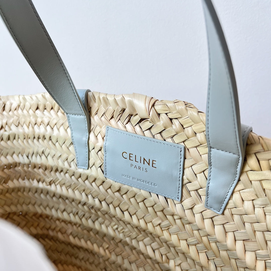 TEEN SUPPLE CLASSIC PANIER 21CM RAFFIA CLOUD BLUE CALFSKIN