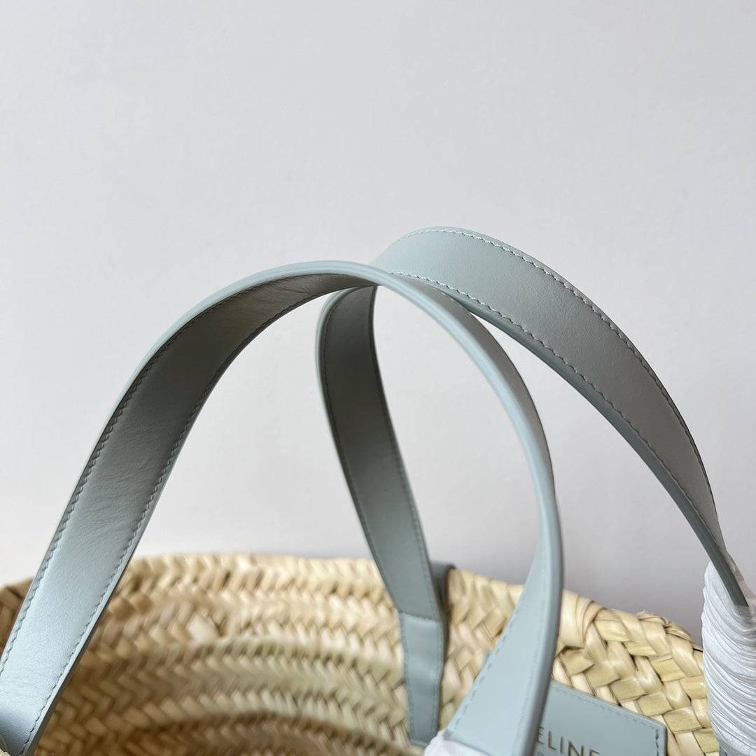 TEEN SUPPLE CLASSIC PANIER 21CM RAFFIA CLOUD BLUE CALFSKIN