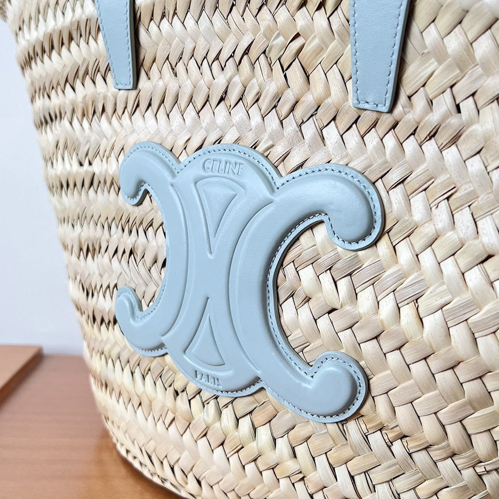 TEEN SUPPLE CLASSIC PANIER 21CM RAFFIA CLOUD BLUE CALFSKIN