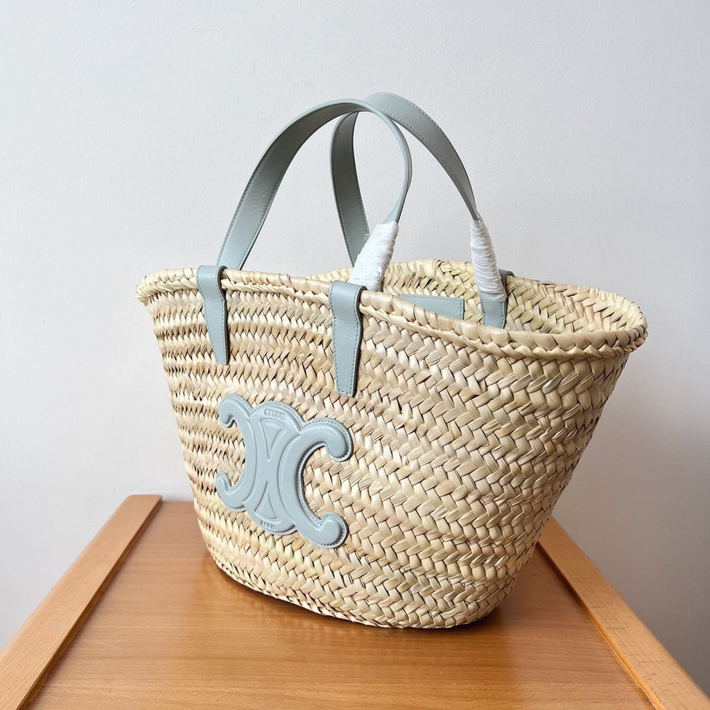 TEEN SUPPLE CLASSIC PANIER 21CM RAFFIA CLOUD BLUE CALFSKIN