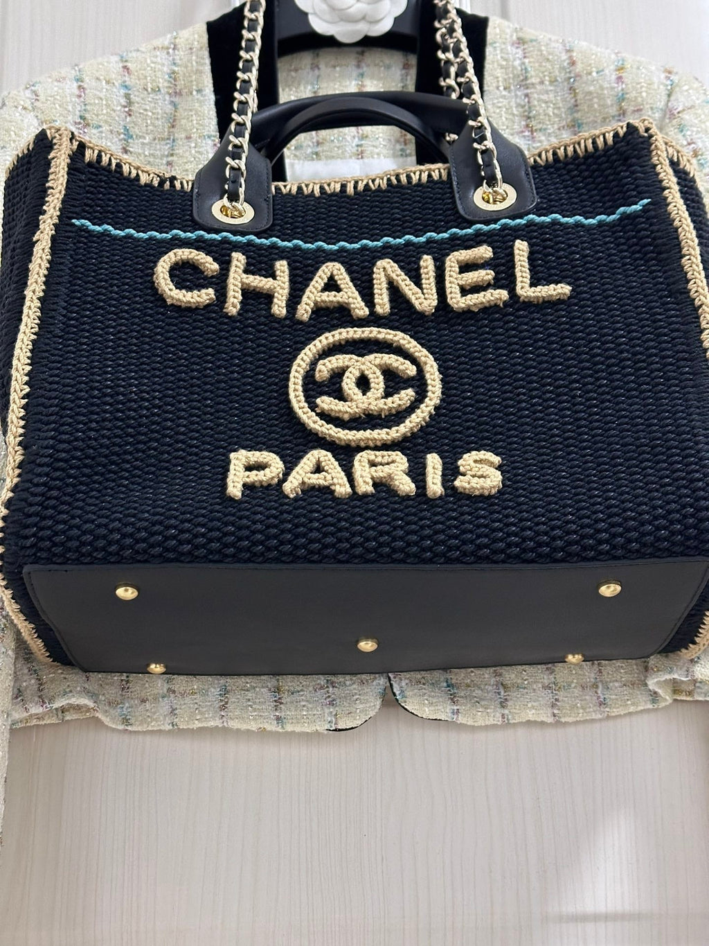 Sac cabas CC DEAUVILLE 32 cm beige noir coton crocheté anses cuir 