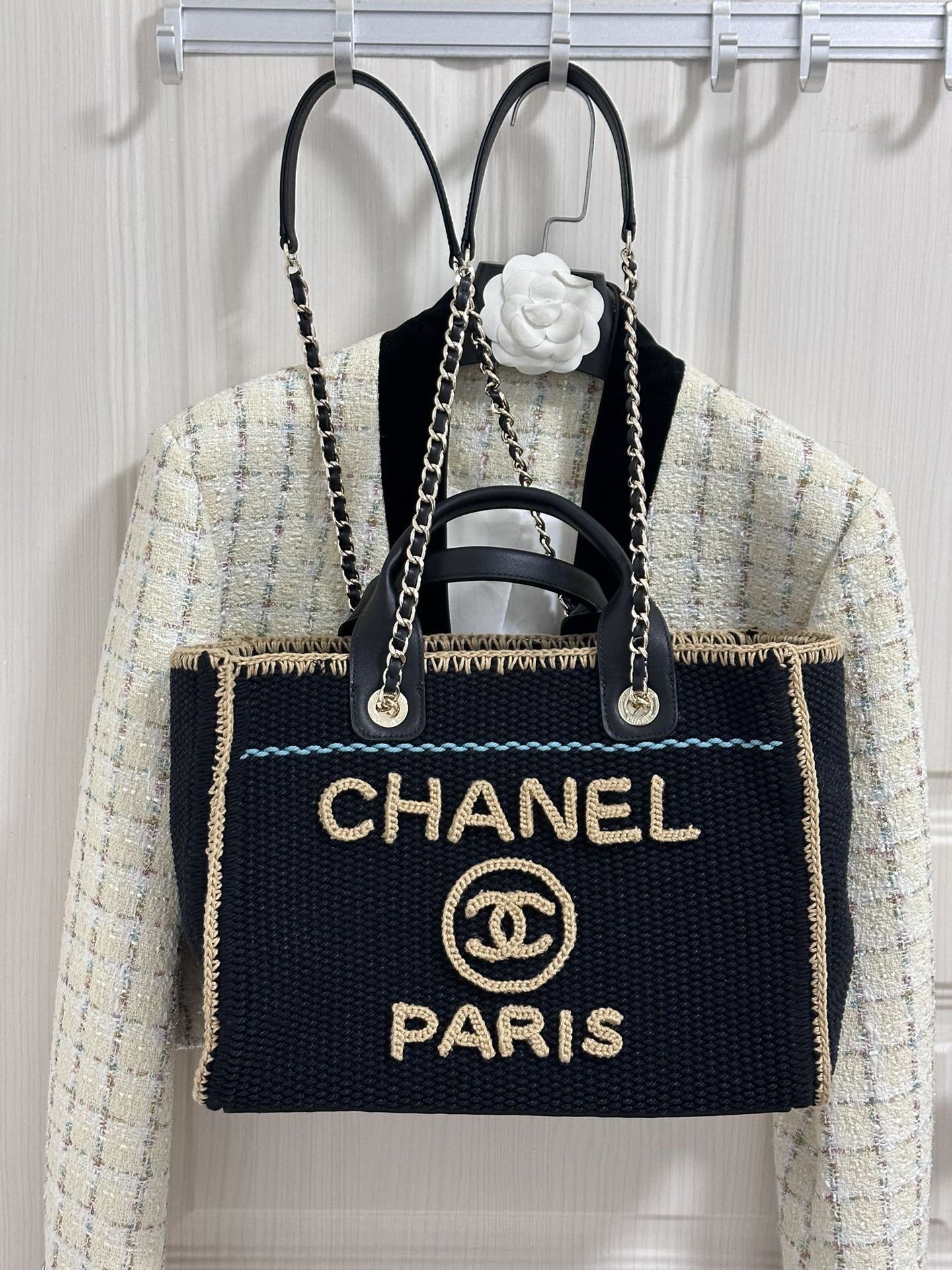 Sac cabas CC DEAUVILLE 32 cm beige noir coton crocheté anses cuir 
