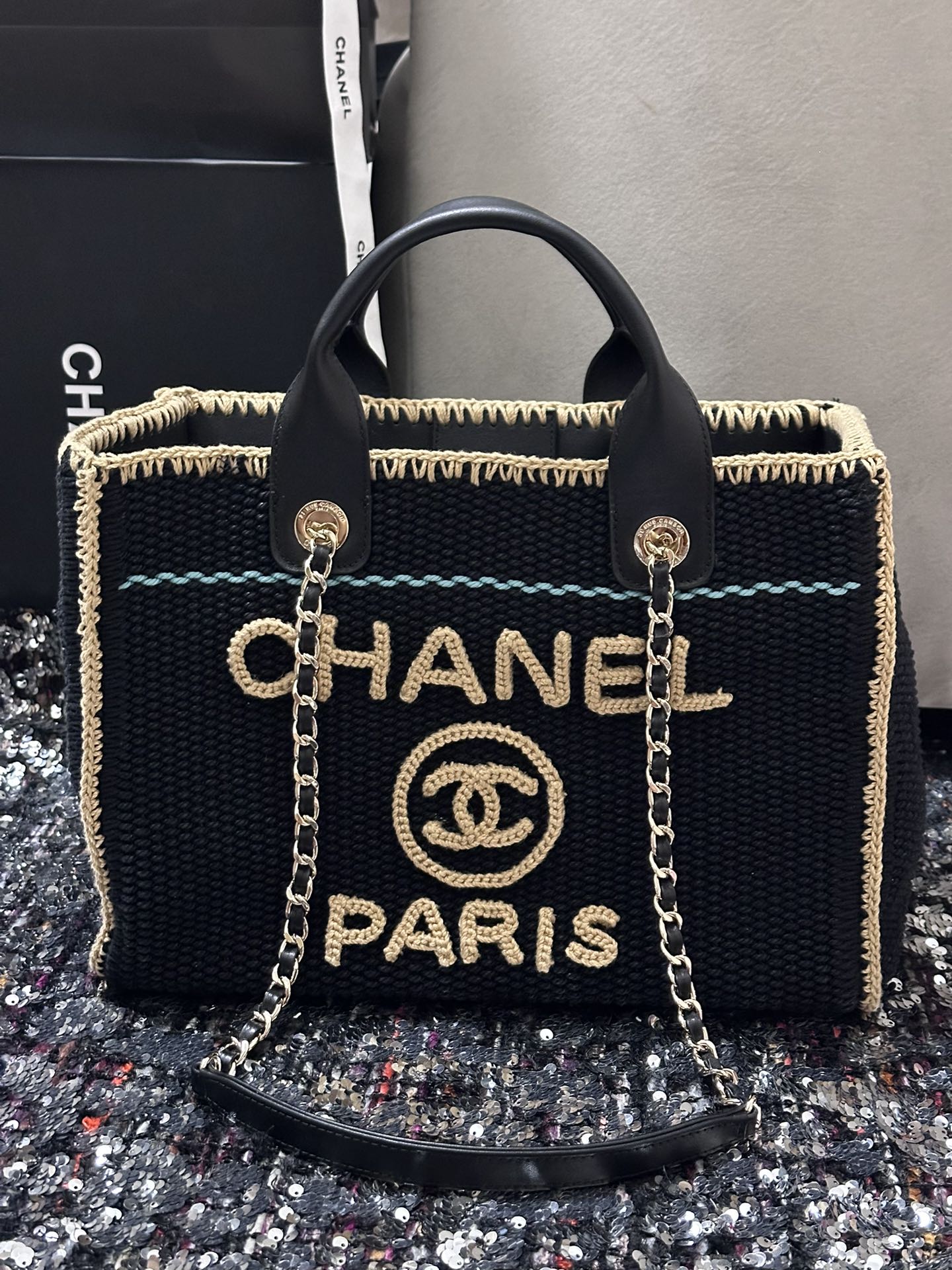 Sac cabas CC DEAUVILLE 32 cm beige noir coton crocheté anses cuir 
