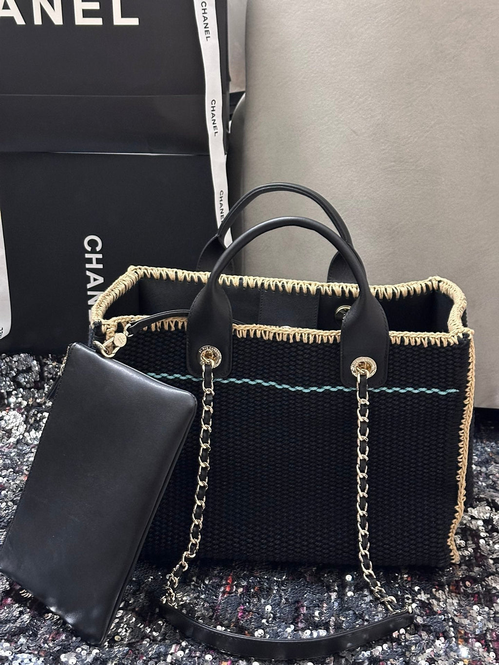 Sac cabas CC DEAUVILLE 32 cm beige noir coton crocheté anses cuir 