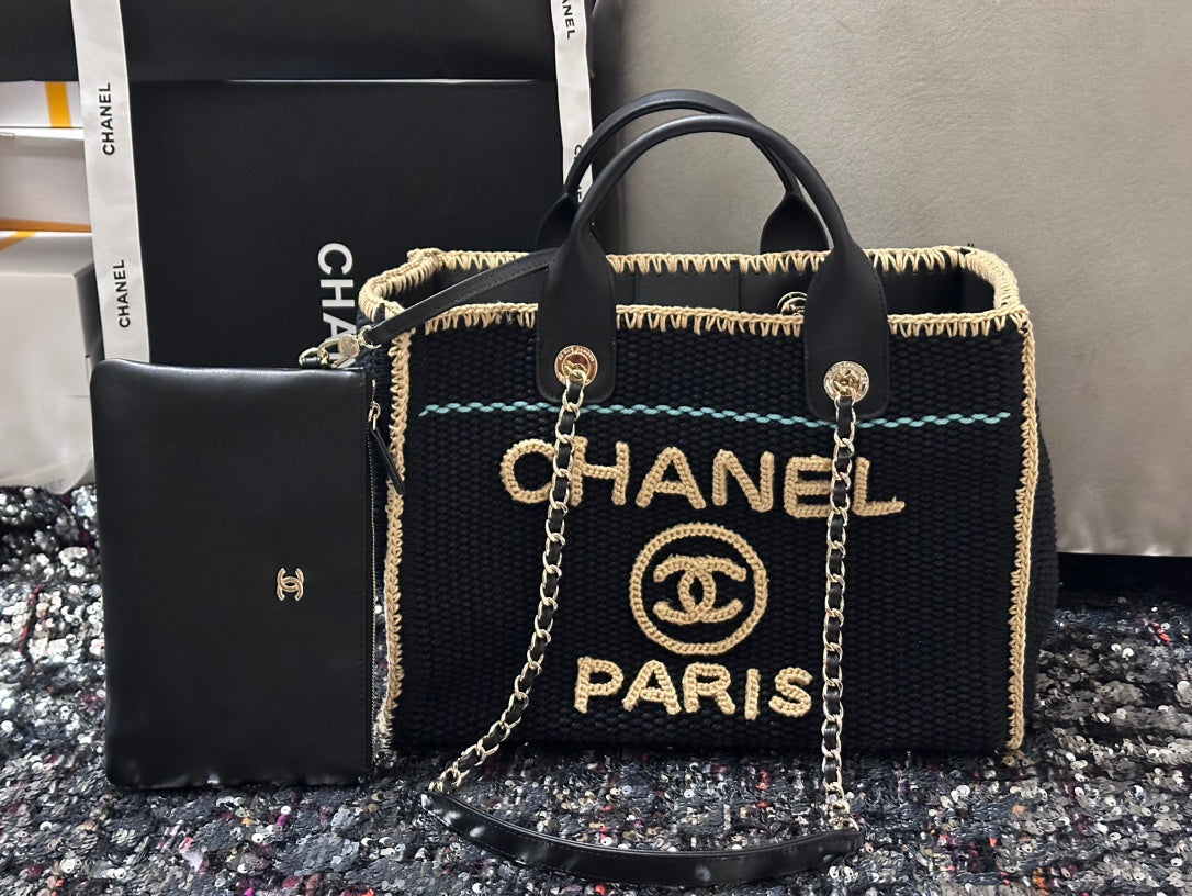 Sac cabas CC DEAUVILLE 32 cm beige noir coton crocheté anses cuir 