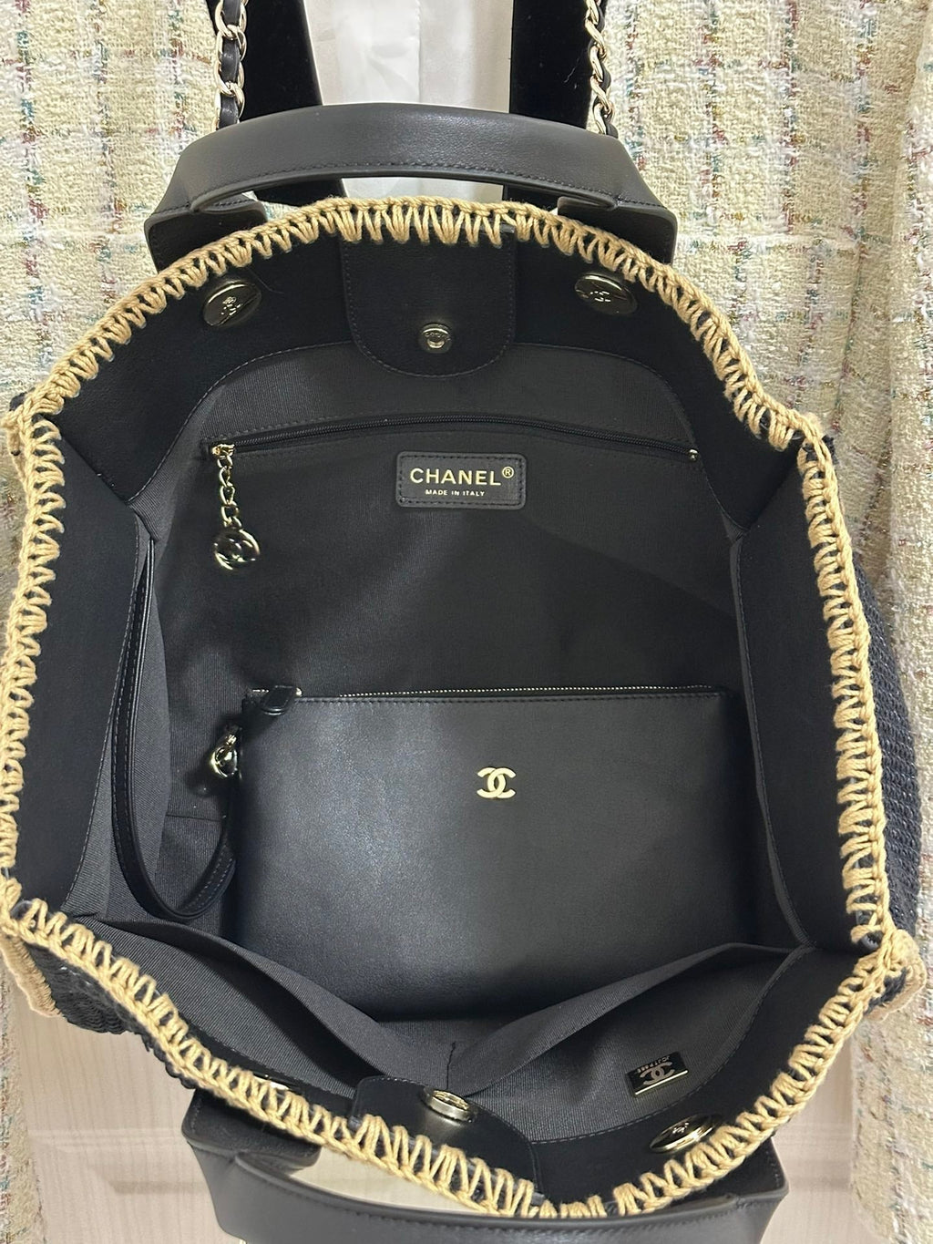 Sac cabas CC DEAUVILLE 32 cm beige noir coton crocheté anses cuir 