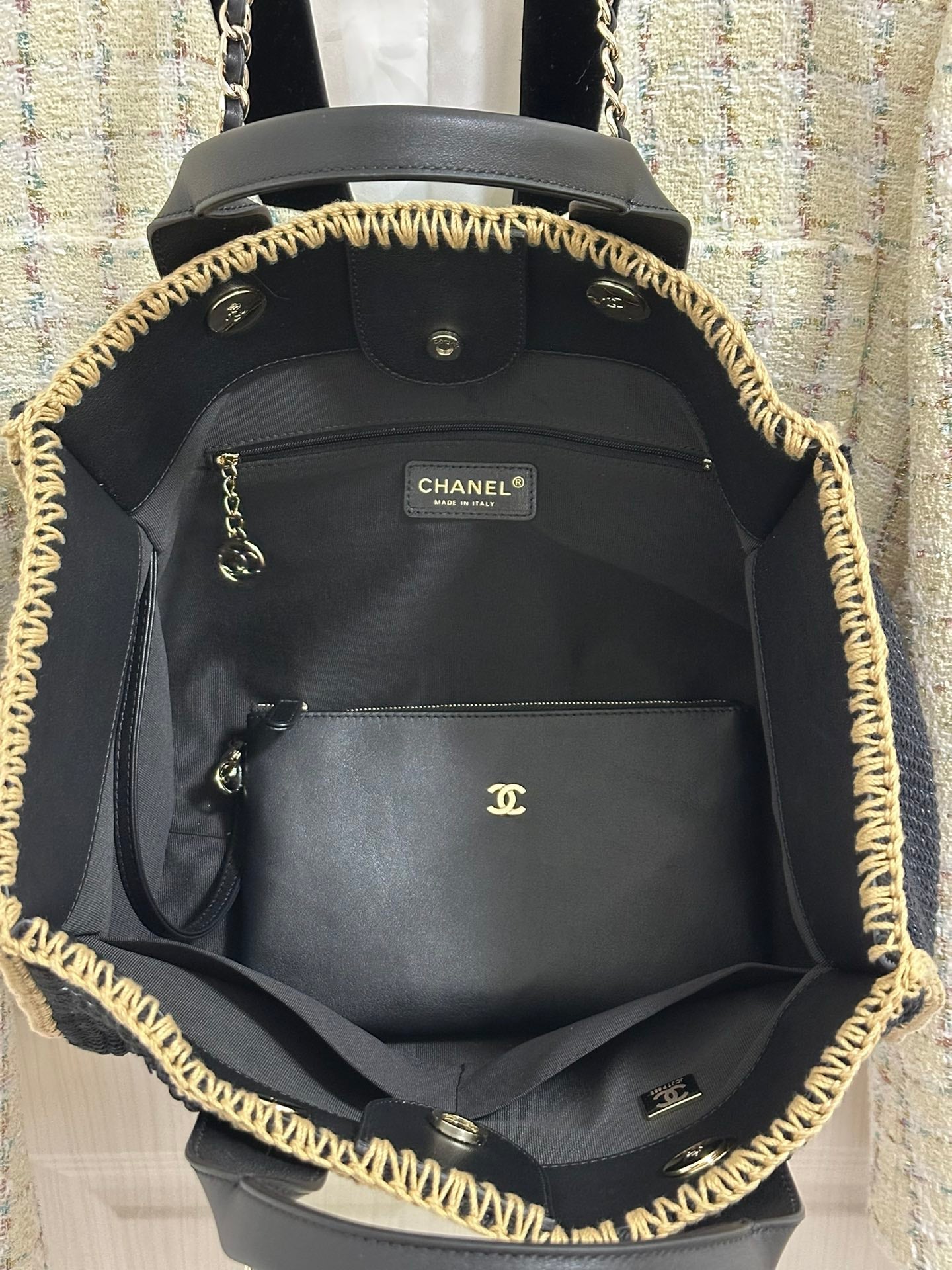 Sac cabas CC DEAUVILLE 32 cm beige noir coton crocheté anses cuir 