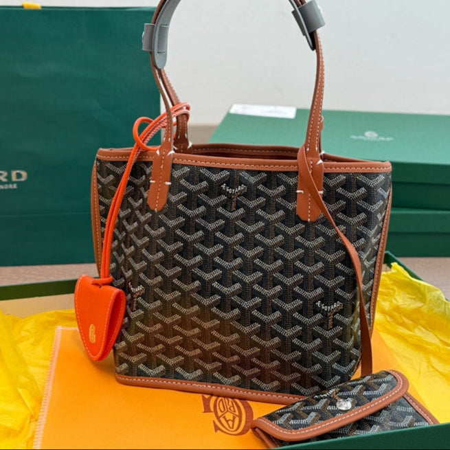 SAC ANJOU MINI 21 EN TOILE GOYARDINE MARRON ET CUIR DE VEAU