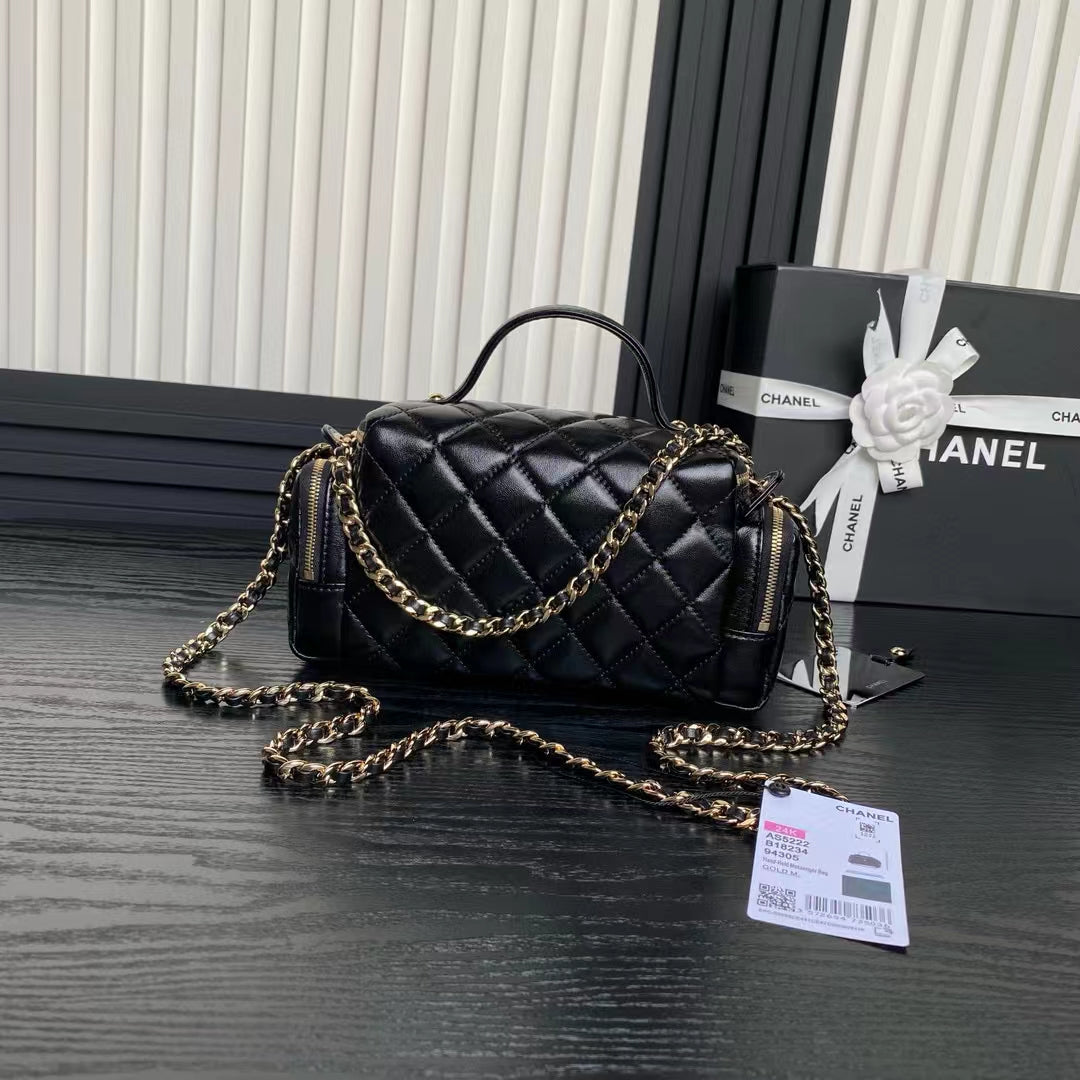 SAC APPAREIL PHOTO MOYEN 23 PO EN CUIR D'AGNEAU NOIR QUINCAILLERIE DORÉ