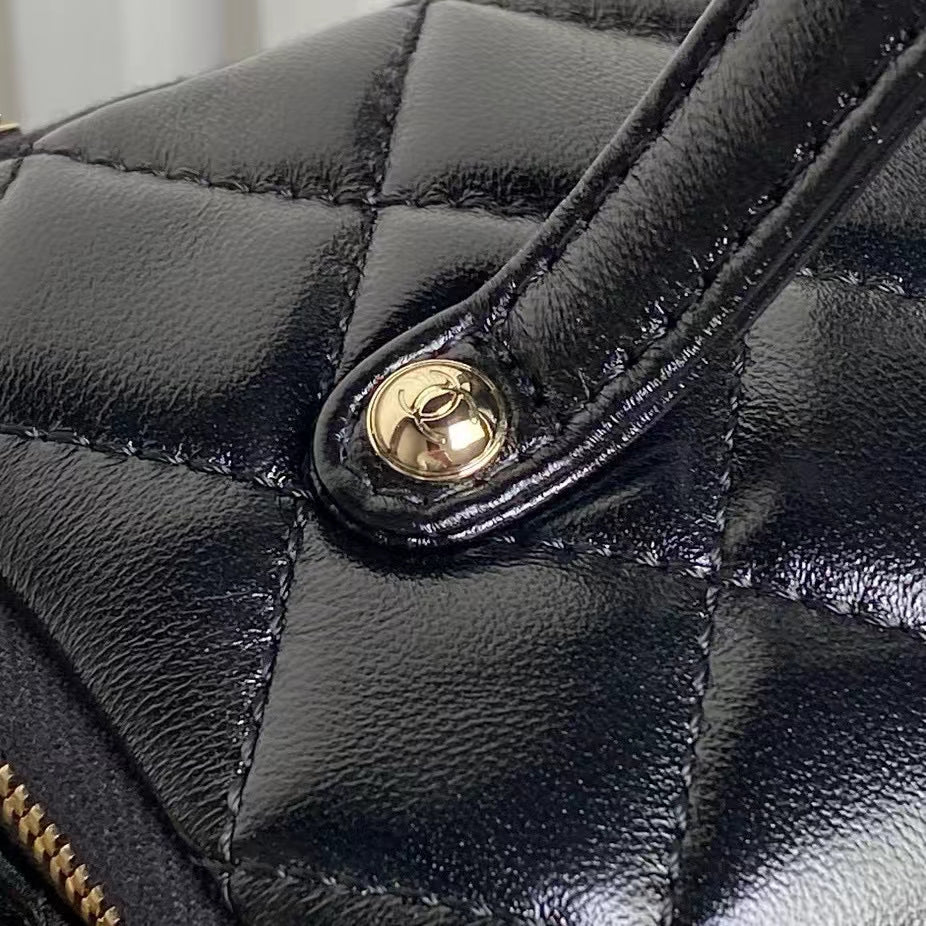 SAC APPAREIL PHOTO MOYEN 23 PO EN CUIR D'AGNEAU NOIR QUINCAILLERIE DORÉ