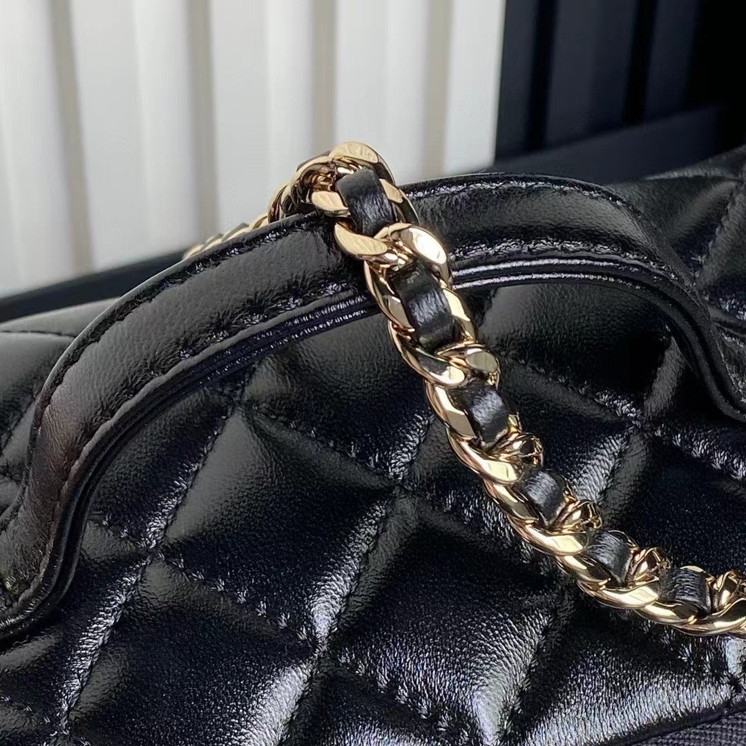 SAC APPAREIL PHOTO MOYEN 23 PO EN CUIR D'AGNEAU NOIR QUINCAILLERIE DORÉ