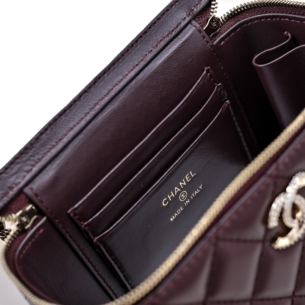 CC 24K VANITY TOP HANDLE 17CM BURGUNDY LAMBSKIN SILVER HARDWARE