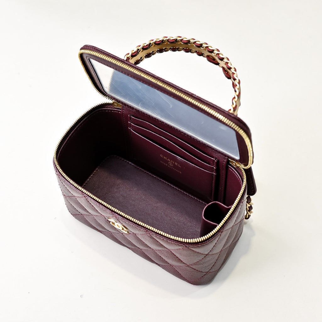 CC 24A VANITY TOP HANDLE 16CM BURGUNDY GRAINED CALFSKIN GOLD HARDWARE