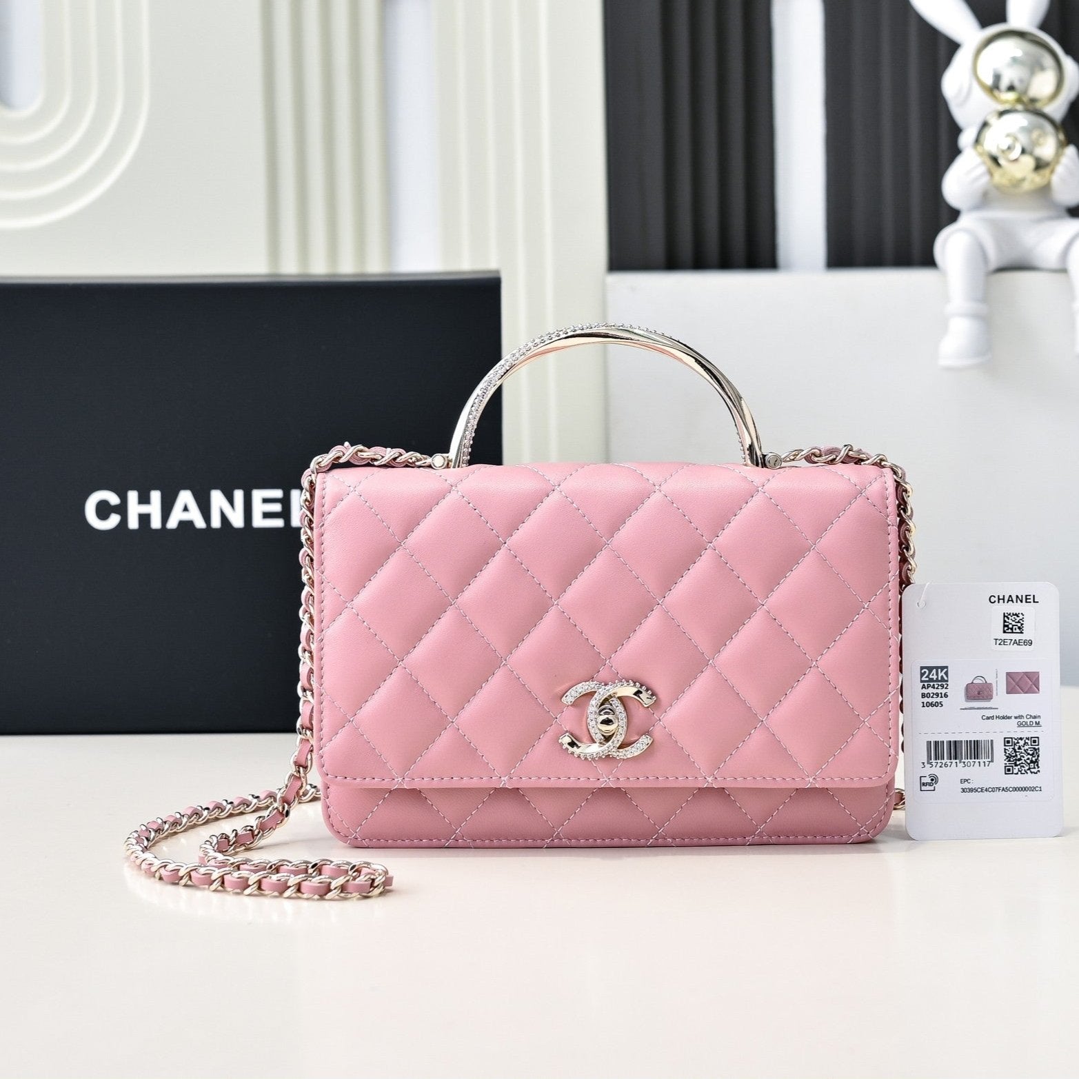 Poignée supérieure CC 24 carats WOC 19 cm en cuir d'agneau rose, quincaillerie en or clair 