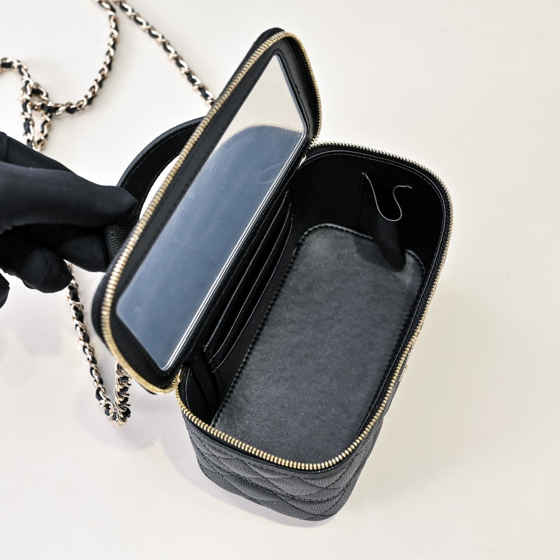 Poignée de meuble-lavabo CC 25C 17 cm en cuir de veau grainé noir, quincaillerie dorée claire