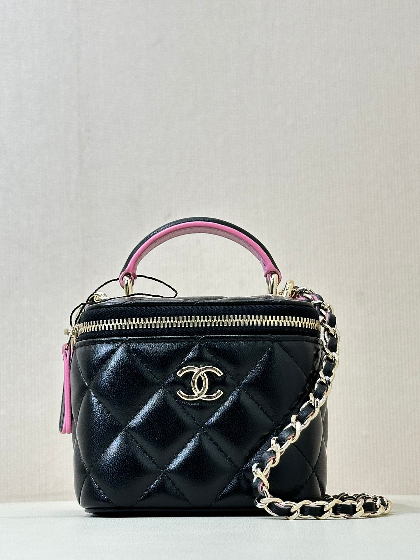 VANITY SHOULDER BAG TOP HANDLE 10CM BLACK PINK LAMBSKIN