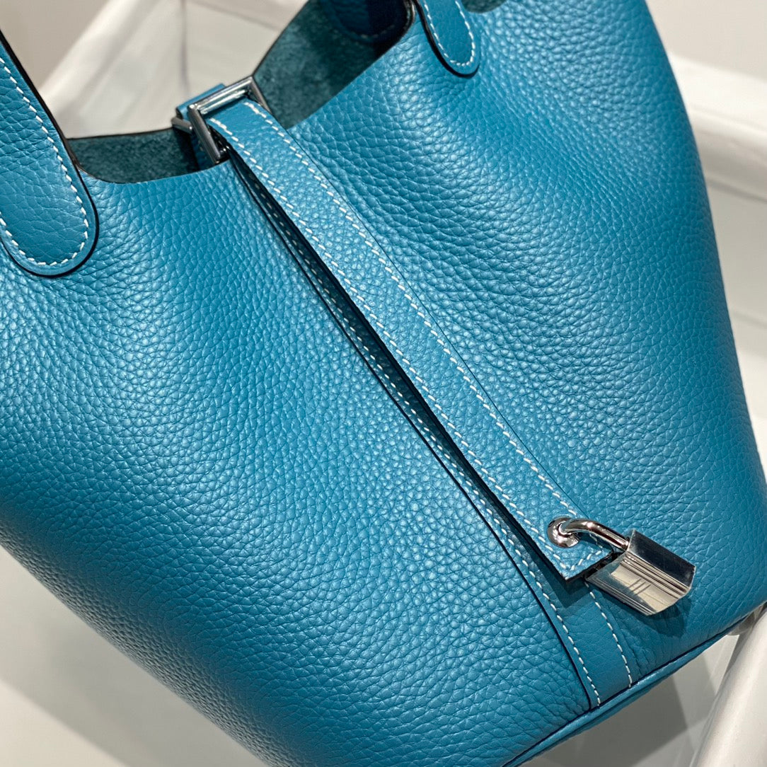 PICOTIN LOCK BLUE JEAN TOGO CUIR QUINCAILLERIE ARGENTÉE