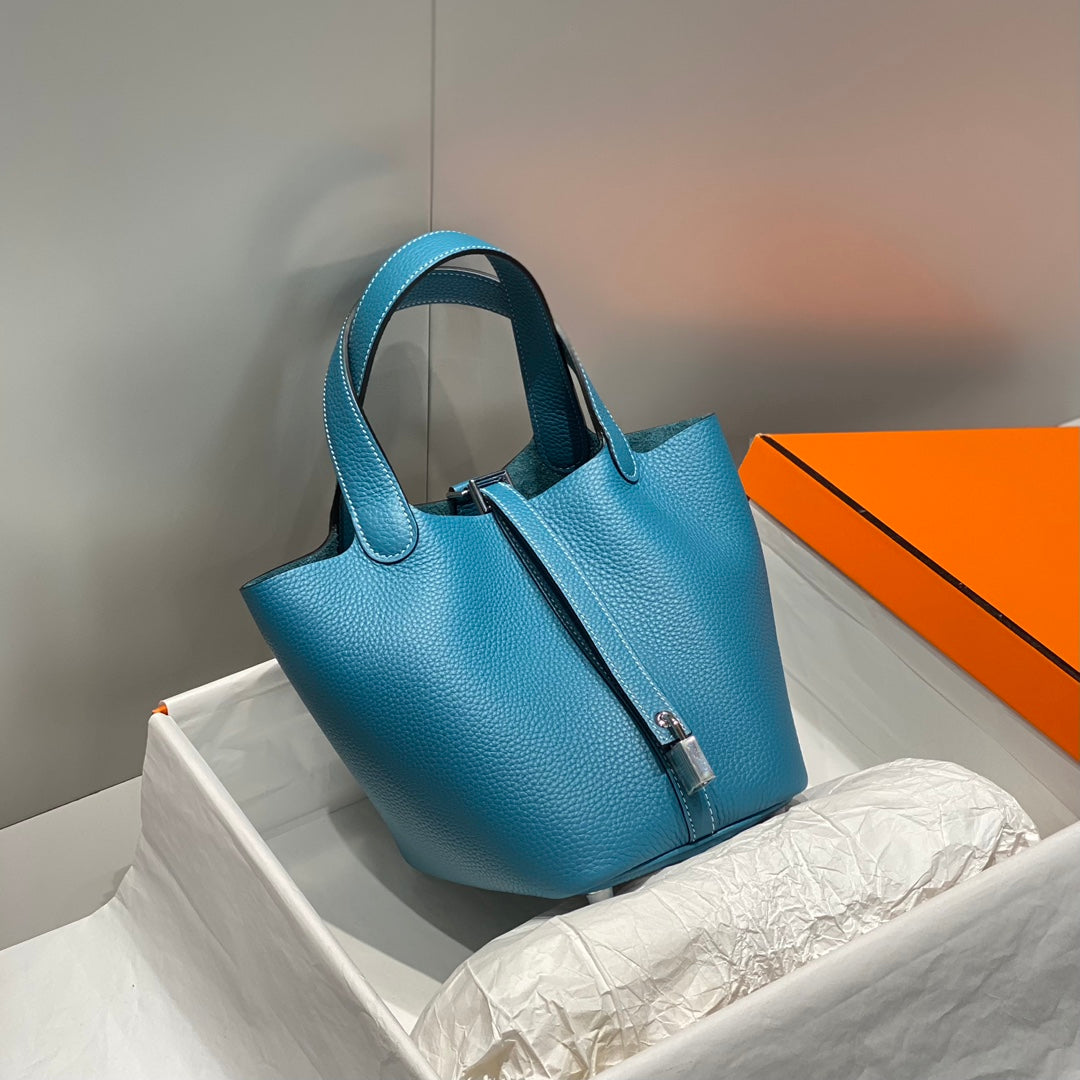 PICOTIN LOCK BLUE JEAN TOGO CUIR QUINCAILLERIE ARGENTÉE