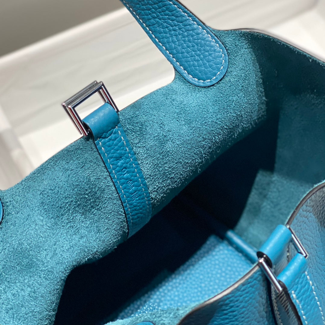 PICOTIN LOCK BLUE JEAN TOGO CUIR QUINCAILLERIE ARGENTÉE