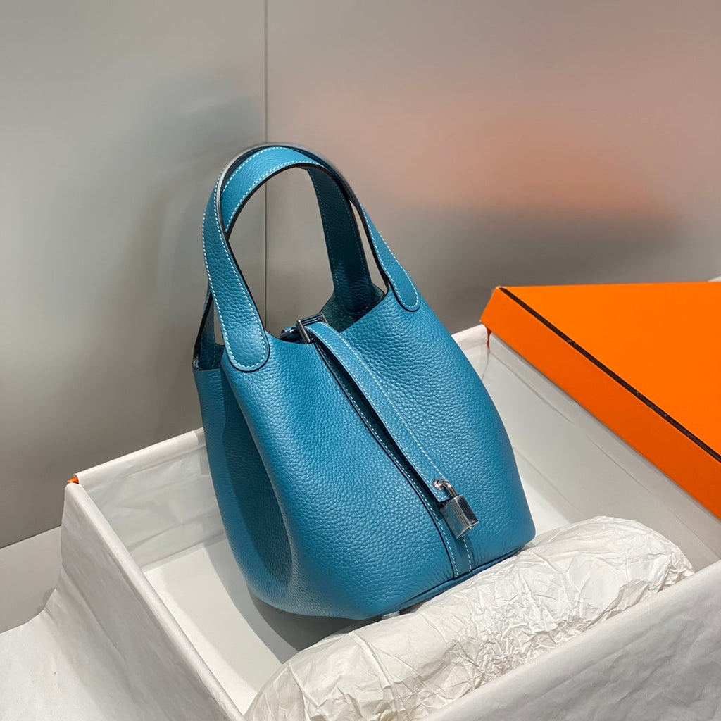 PICOTIN LOCK BLUE JEAN TOGO CUIR QUINCAILLERIE ARGENTÉE
