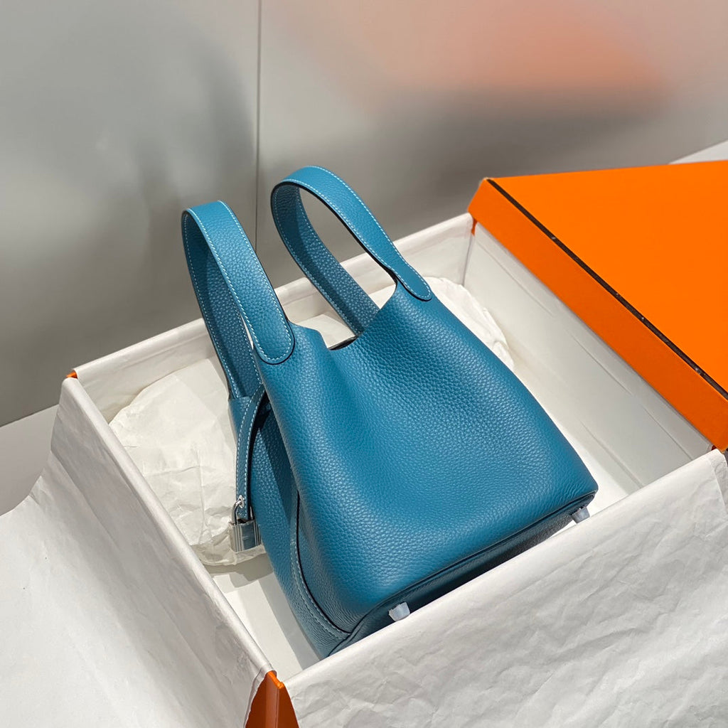 PICOTIN LOCK BLUE JEAN TOGO CUIR QUINCAILLERIE ARGENTÉE