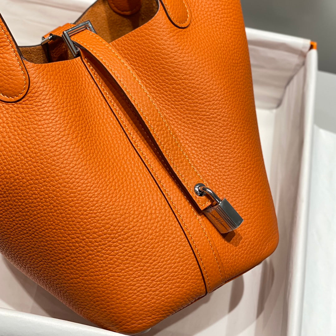 PICOTIN LOCK ORANGE FONCÉ CUIR TOGO QUINCAILLERIE DORÉ