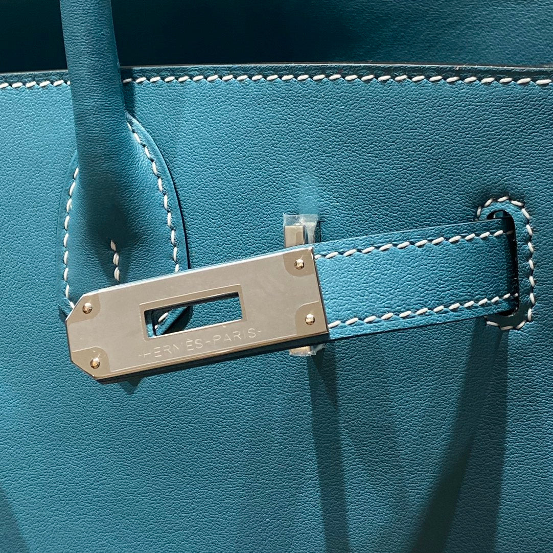 SAC À BANDOULIÈRE HM BIRKIN 29 CM BLEU DENIM CUIR SWIFT QUINCAILLERIE ARGENTÉE
