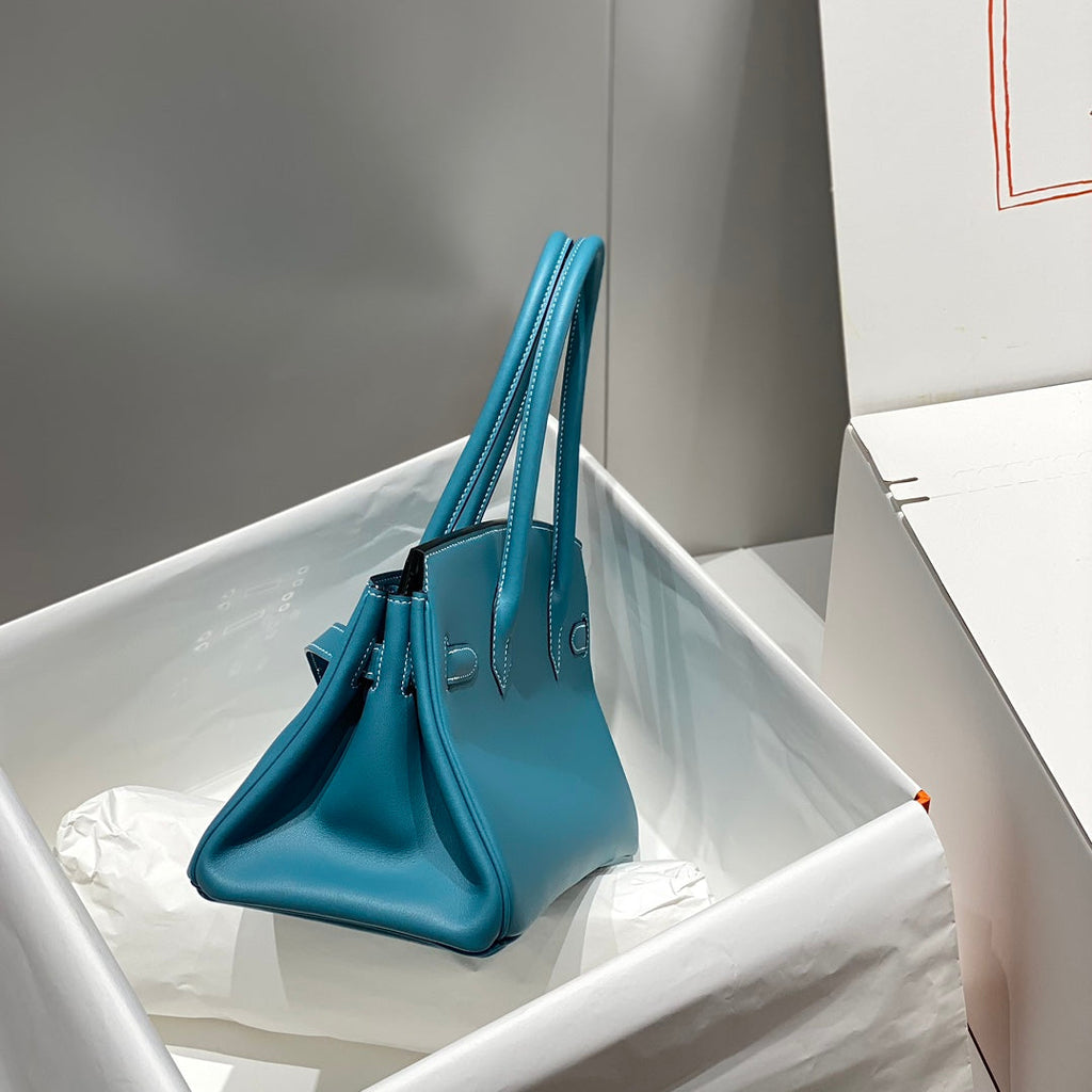 SAC À BANDOULIÈRE HM BIRKIN 29 CM BLEU DENIM CUIR SWIFT QUINCAILLERIE ARGENTÉE