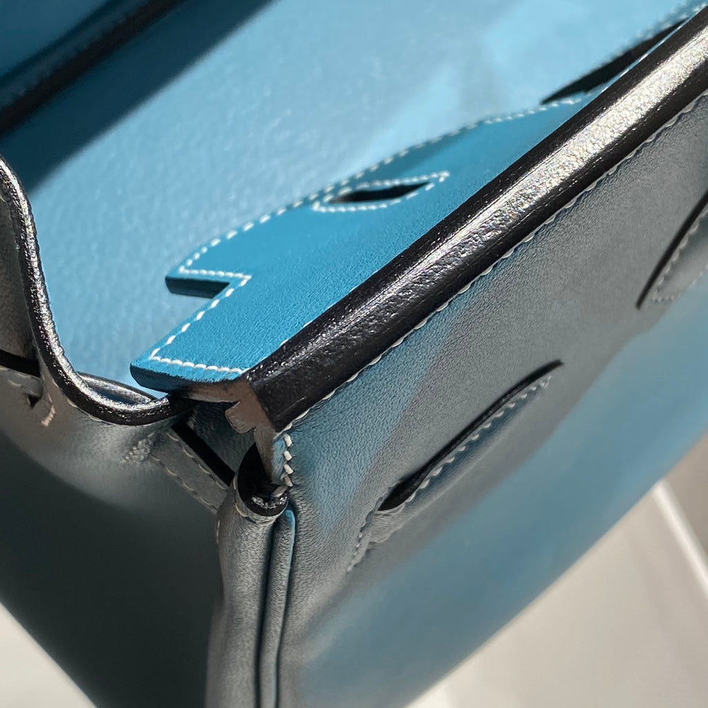 SAC À BANDOULIÈRE HM BIRKIN 29 CM BLEU DENIM CUIR SWIFT QUINCAILLERIE ARGENTÉE