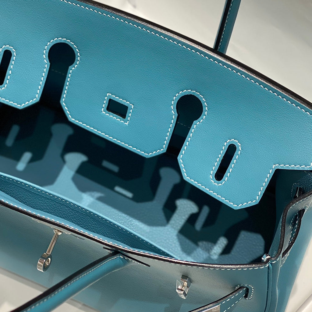 SAC À BANDOULIÈRE HM BIRKIN 29 CM BLEU DENIM CUIR SWIFT QUINCAILLERIE ARGENTÉE