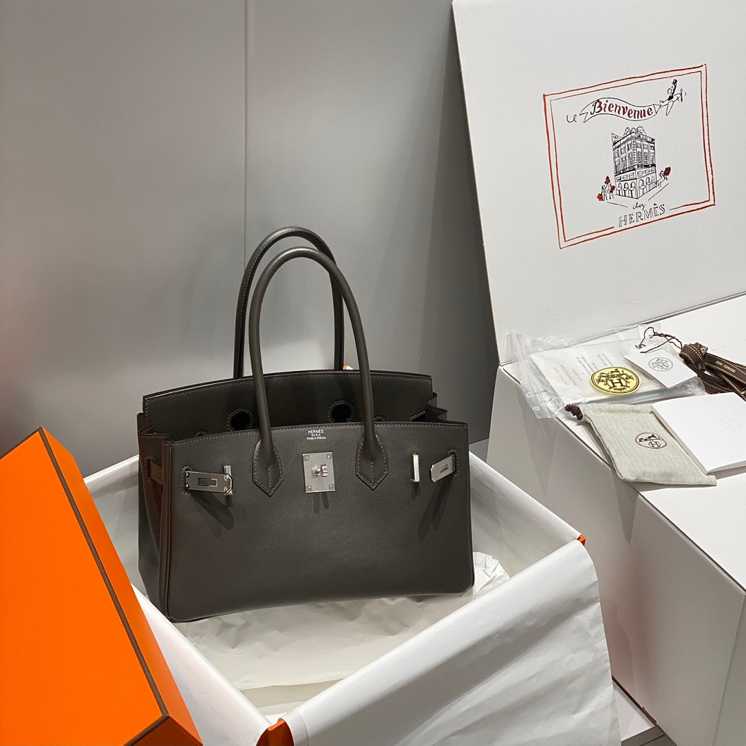 SAC À BANDOULIÈRE HM BIRKIN 29 CM CUIR SWIFT ÉBÈNE QUINCAILLERIE ARGENTÉE