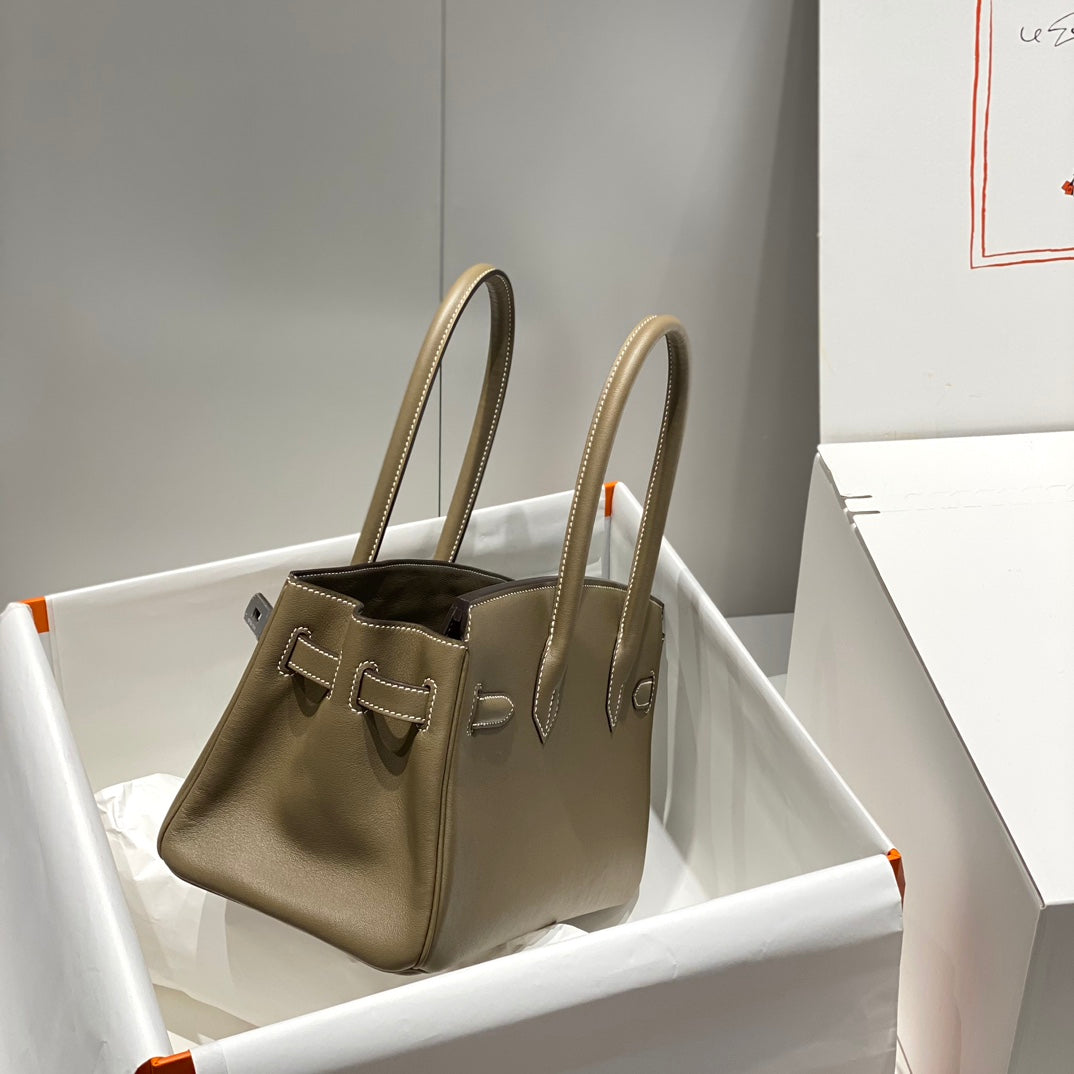 SAC À BANDOULIÈRE HM BIRKIN 29 CM CUIR SWIFT GRIS ÉLÉPHANT QUINCAILLERIE ARGENTÉE