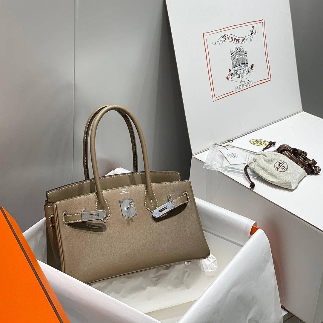 SAC À BANDOULIÈRE HM BIRKIN 29 CM CUIR SWIFT GRIS ÉLÉPHANT QUINCAILLERIE ARGENTÉE