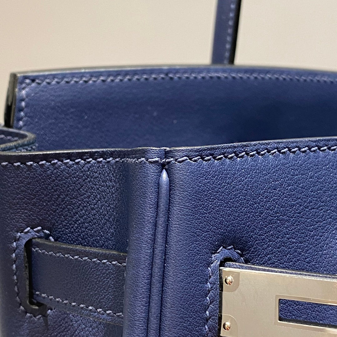 SAC À BANDOULIÈRE HM BIRKIN 29 CM EN CUIR SWIFT BLEU PROFOND ET QUINCAILLERIE ARGENTÉE